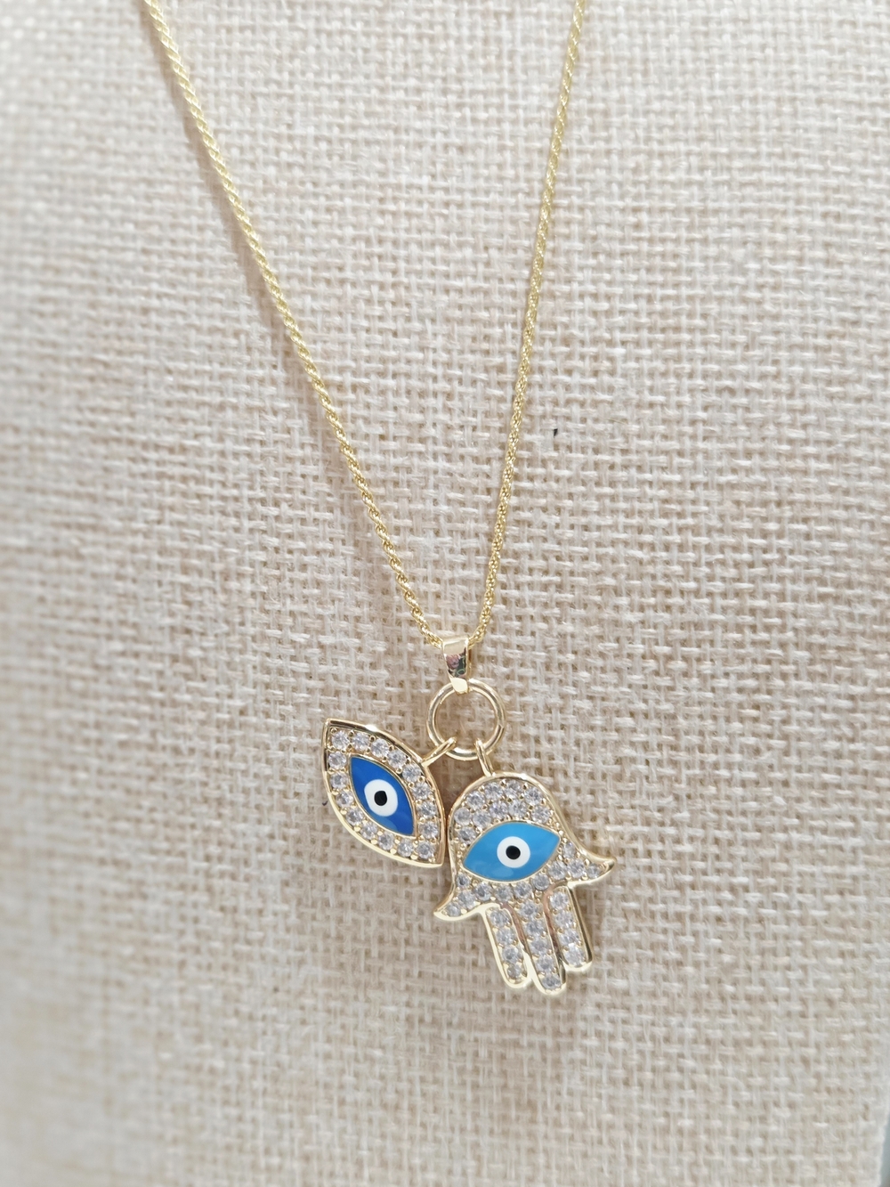 Gold Hamsa Hand and Evil Eye Pendant Necklace - Blue Accents - Picture 3 of 4